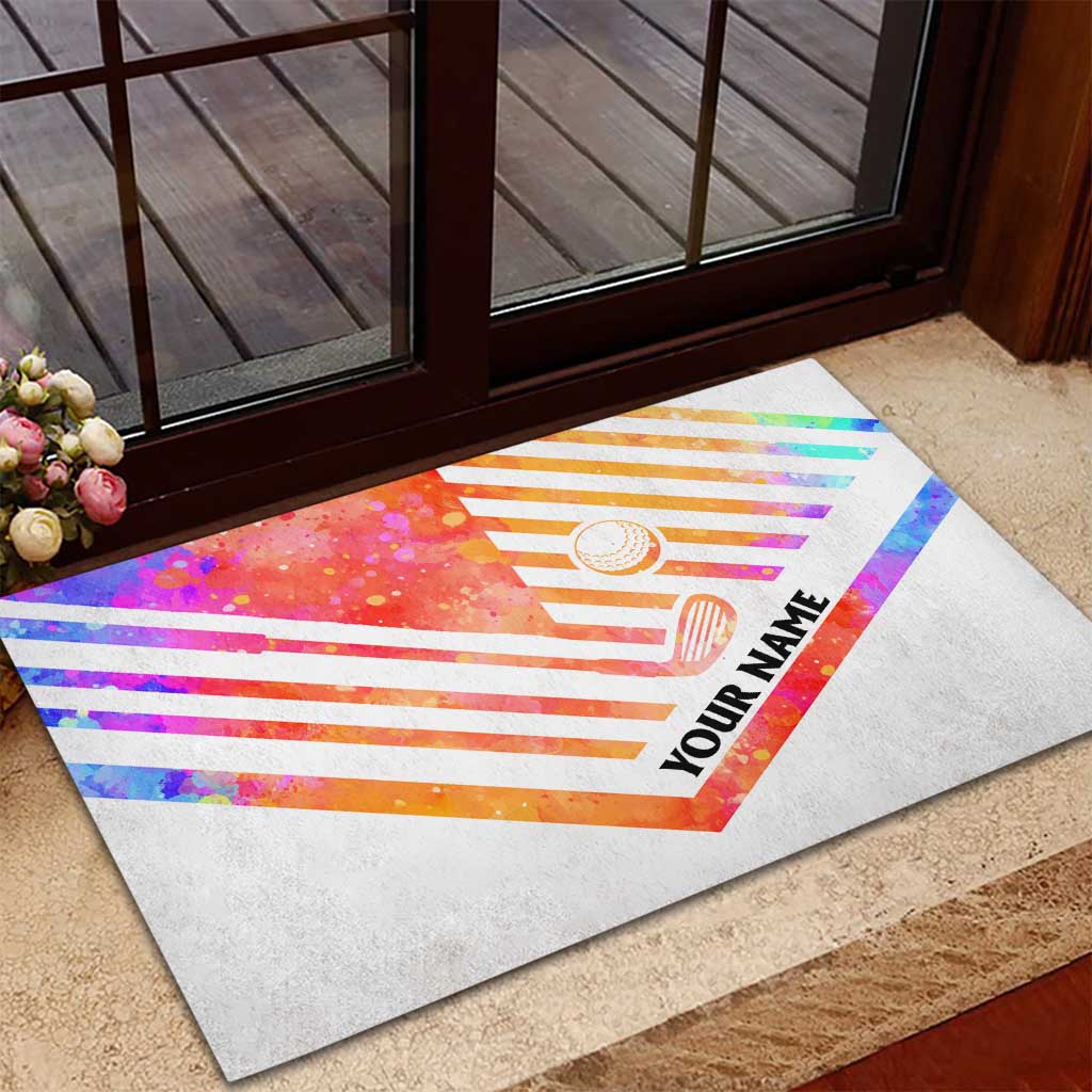 USA Golf Design Rubber Doormat Watercolor Female Silhouette and Orange Gradient Flag and Ball Pattern - Wonder Print Shop