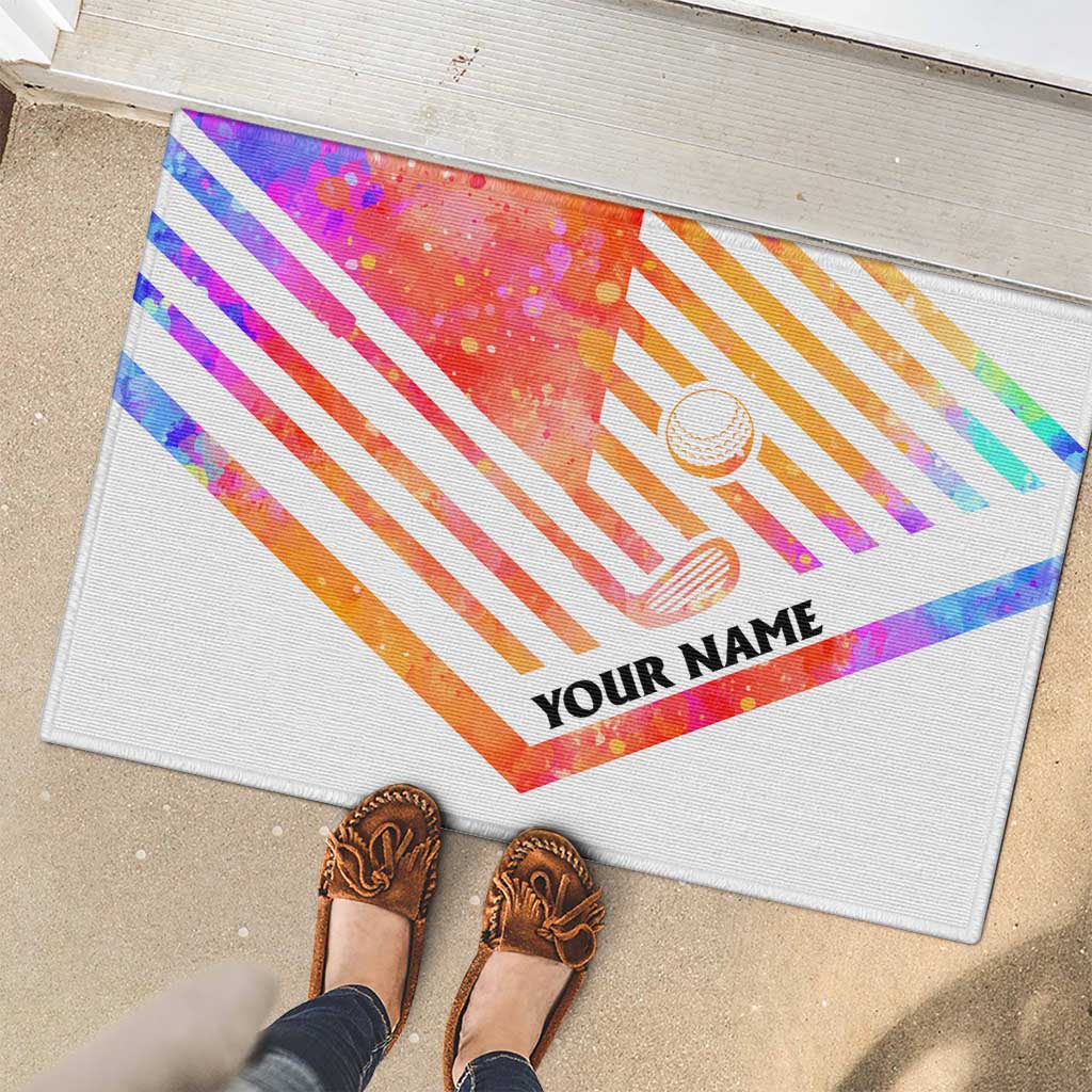 USA Golf Design Rubber Doormat Watercolor Female Silhouette and Orange Gradient Flag and Ball Pattern - Wonder Print Shop