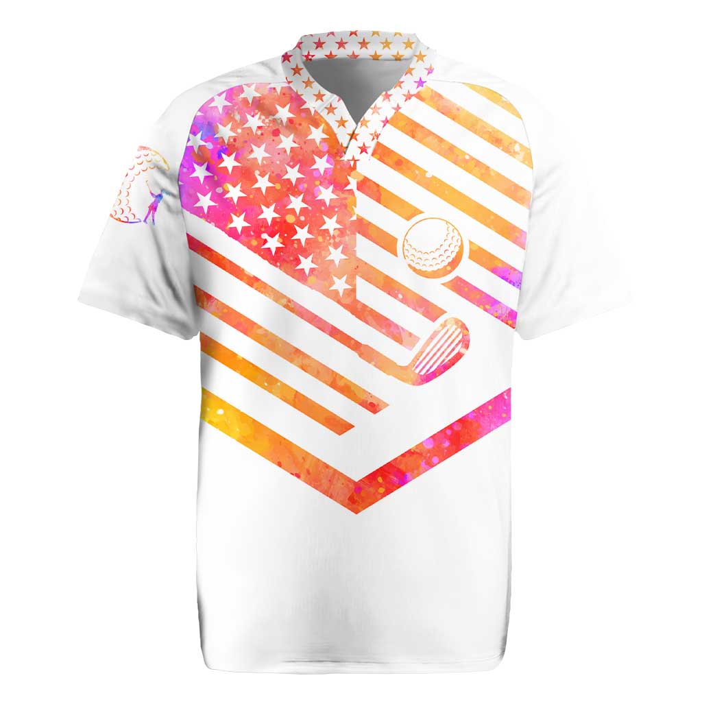 USA Golf Design Rugby Jersey Watercolor Female Silhouette and Orange Gradient Flag and Ball Pattern - Wonder Print Shop