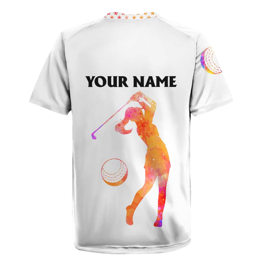 USA Golf Design Rugby Jersey Watercolor Female Silhouette and Orange Gradient Flag and Ball Pattern - Wonder Print Shop