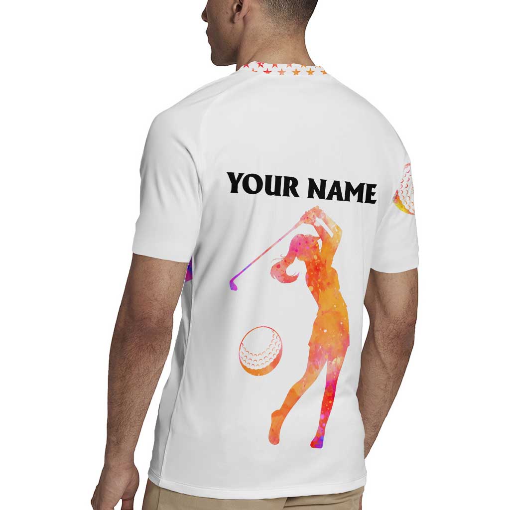 USA Golf Design Rugby Jersey Watercolor Female Silhouette and Orange Gradient Flag and Ball Pattern - Wonder Print Shop