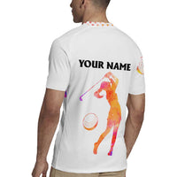 USA Golf Design Rugby Jersey Watercolor Female Silhouette and Orange Gradient Flag and Ball Pattern - Wonder Print Shop