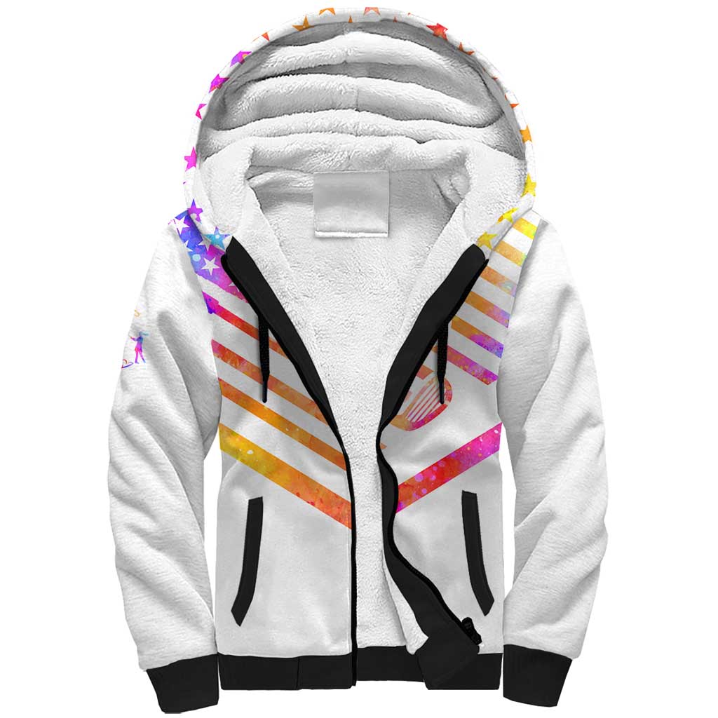 USA Golf Design Sherpa Hoodie Watercolor Female Silhouette and Orange Gradient Flag and Ball Pattern - Wonder Print Shop