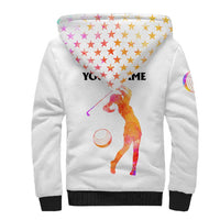USA Golf Design Sherpa Hoodie Watercolor Female Silhouette and Orange Gradient Flag and Ball Pattern - Wonder Print Shop