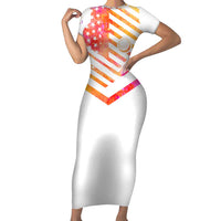 USA Golf Design Short Sleeve Bodycon Dress Watercolor Female Silhouette and Orange Gradient Flag and Ball Pattern - Wonder Print Shop