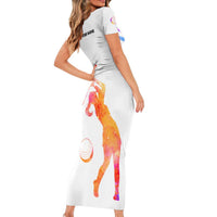 USA Golf Design Short Sleeve Bodycon Dress Watercolor Female Silhouette and Orange Gradient Flag and Ball Pattern - Wonder Print Shop