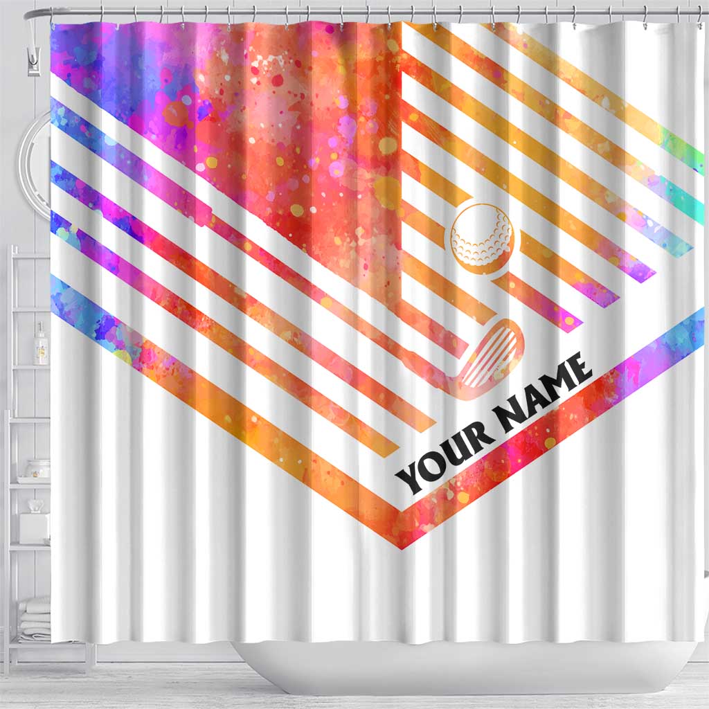 USA Golf Design Shower Curtain Watercolor Female Silhouette and Orange Gradient Flag and Ball Pattern - Wonder Print Shop