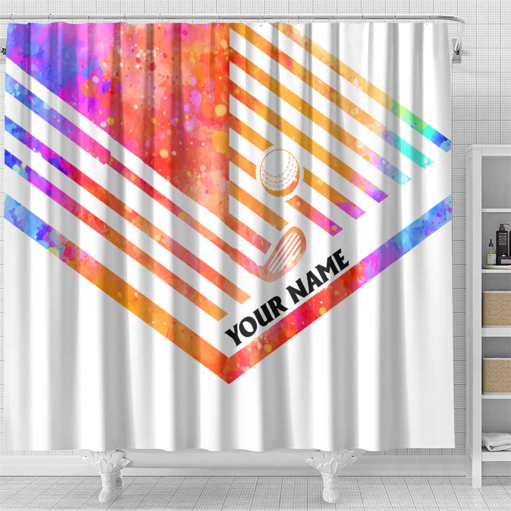 USA Golf Design Shower Curtain Watercolor Female Silhouette and Orange Gradient Flag and Ball Pattern - Wonder Print Shop