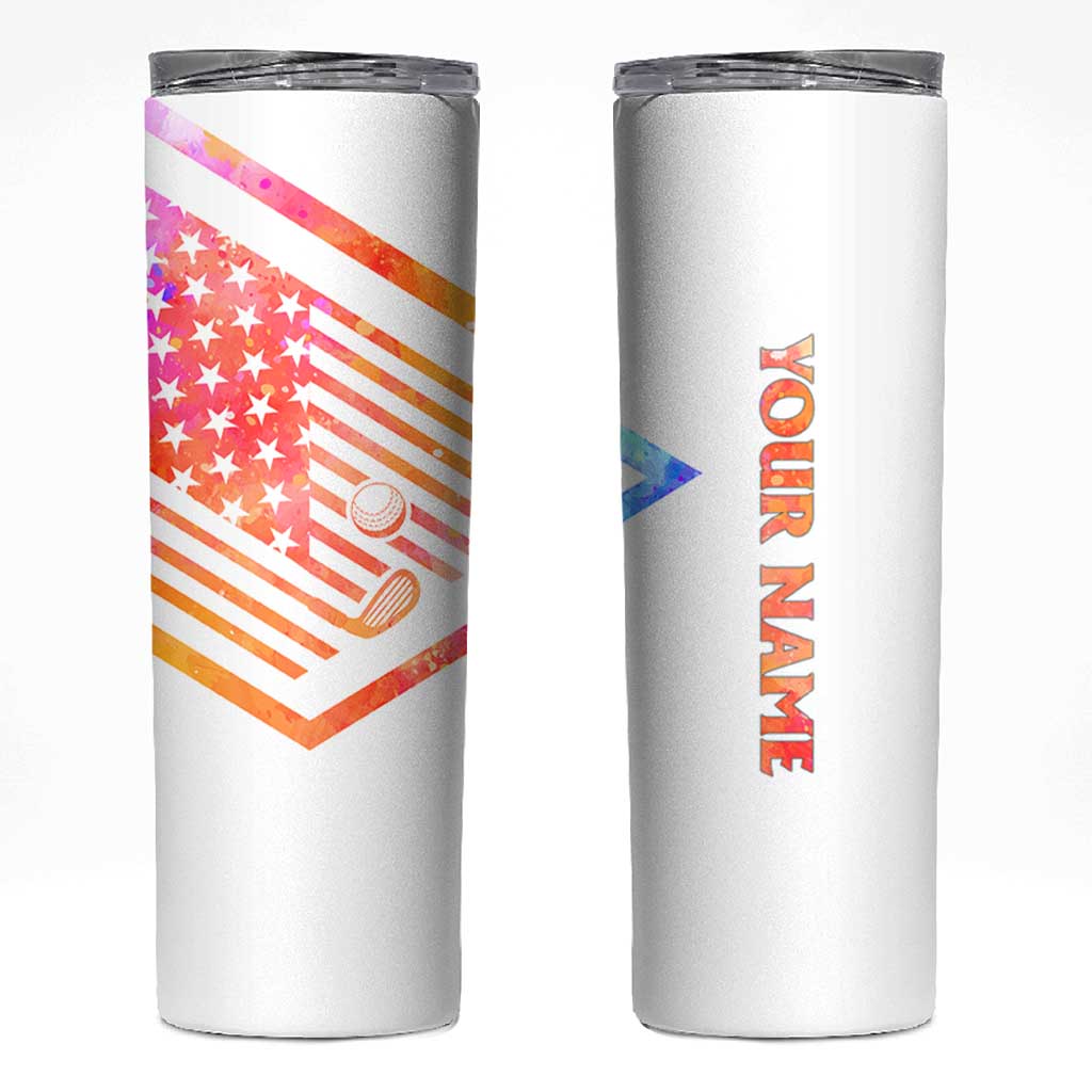 USA Golf Design Skinny Tumbler Watercolor Female Silhouette and Orange Gradient Flag and Ball Pattern - Wonder Print Shop