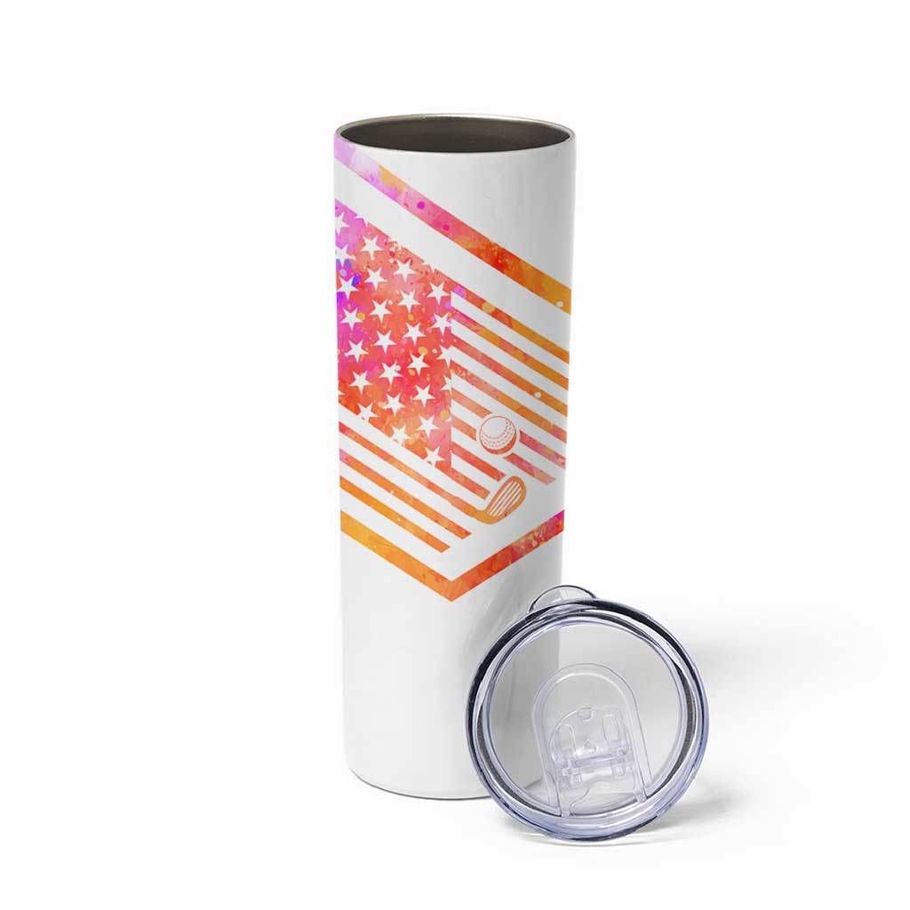 USA Golf Design Skinny Tumbler Watercolor Female Silhouette and Orange Gradient Flag and Ball Pattern - Wonder Print Shop
