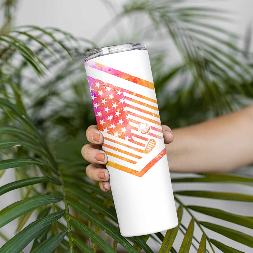 USA Golf Design Skinny Tumbler Watercolor Female Silhouette and Orange Gradient Flag and Ball Pattern - Wonder Print Shop