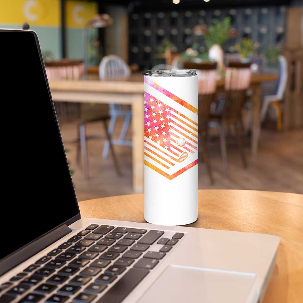 USA Golf Design Skinny Tumbler Watercolor Female Silhouette and Orange Gradient Flag and Ball Pattern - Wonder Print Shop