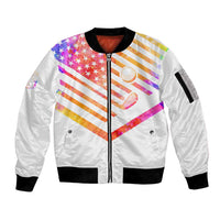 USA Golf Design Sleeve Zip Bomber Jacket Watercolor Female Silhouette and Orange Gradient Flag and Ball Pattern - Wonder Print Shop