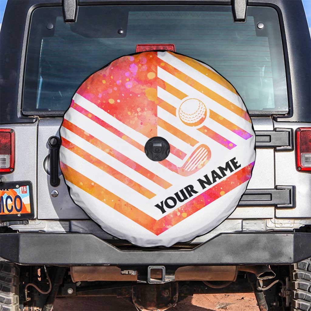 USA Golf Design Spare Tire Cover Watercolor Female Silhouette and Orange Gradient Flag and Ball Pattern - Wonder Print Shop