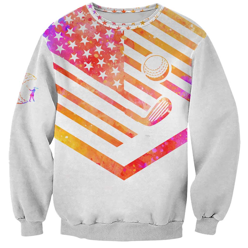 USA Golf Design Sweatshirt Watercolor Female Silhouette and Orange Gradient Flag and Ball Pattern - Wonder Print Shop