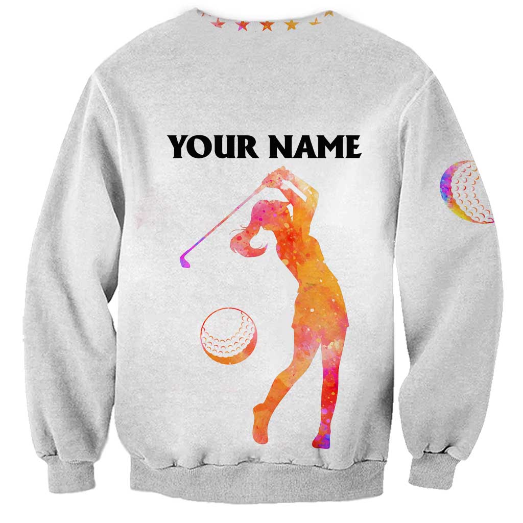 USA Golf Design Sweatshirt Watercolor Female Silhouette and Orange Gradient Flag and Ball Pattern - Wonder Print Shop