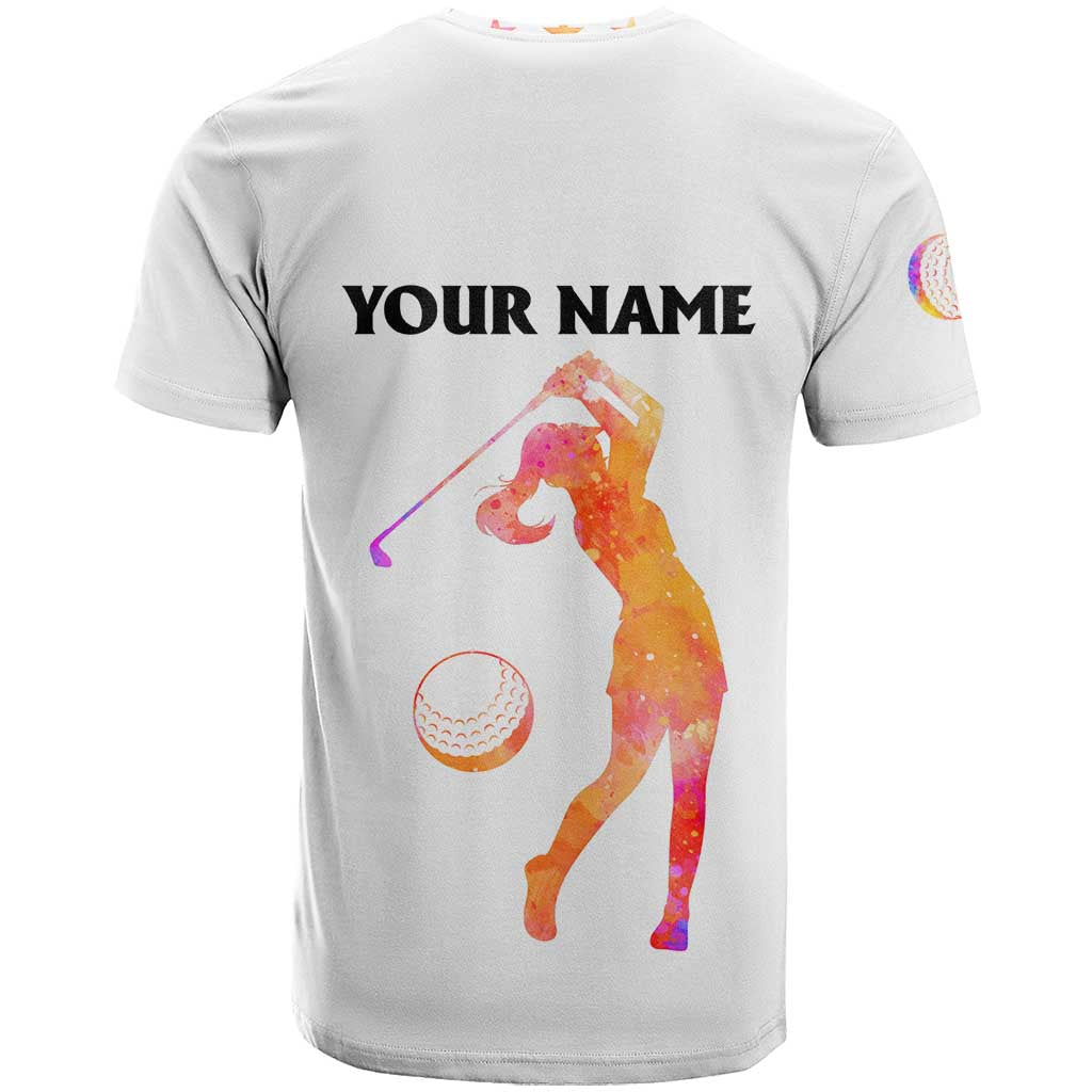 USA Golf Design T Shirt Watercolor Female Silhouette and Orange Gradient Flag and Ball Pattern - Wonder Print Shop