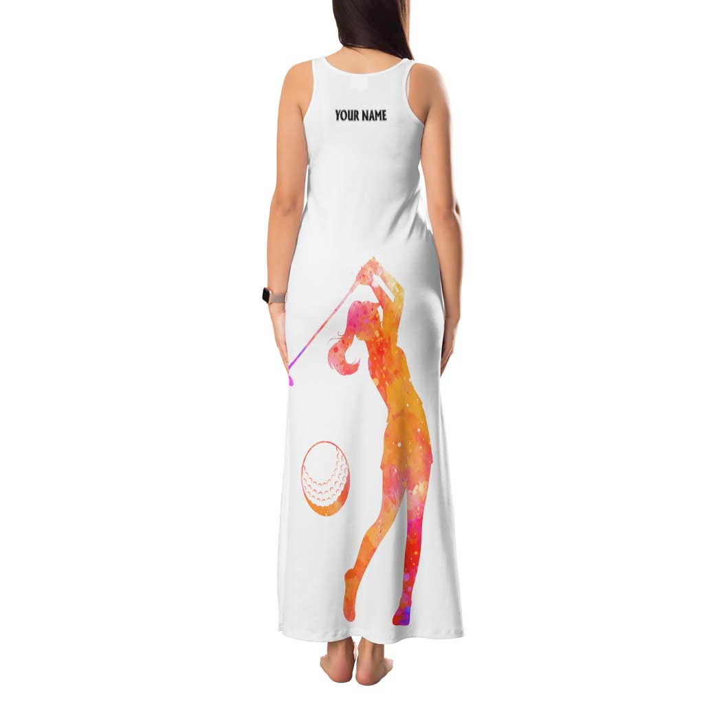 USA Golf Design Tank Maxi Dress Watercolor Female Silhouette and Orange Gradient Flag and Ball Pattern - Wonder Print Shop