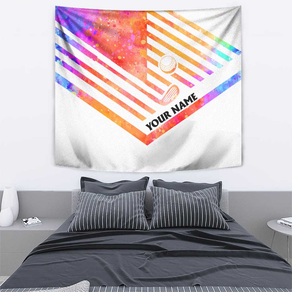 USA Golf Design Tapestry Watercolor Female Silhouette and Orange Gradient Flag and Ball Pattern - Wonder Print Shop