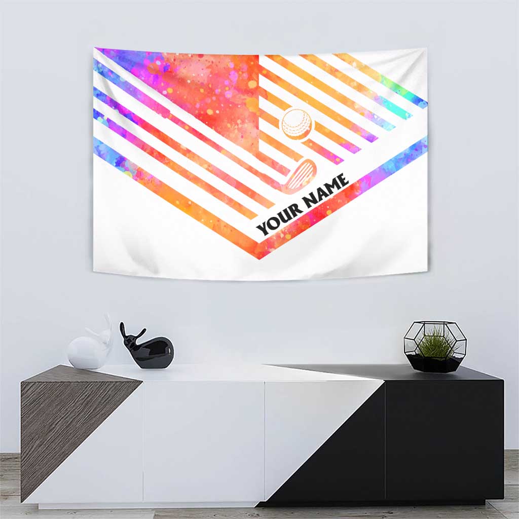 USA Golf Design Tapestry Watercolor Female Silhouette and Orange Gradient Flag and Ball Pattern - Wonder Print Shop