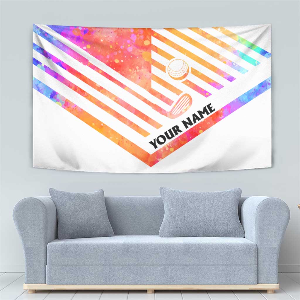 USA Golf Design Tapestry Watercolor Female Silhouette and Orange Gradient Flag and Ball Pattern - Wonder Print Shop