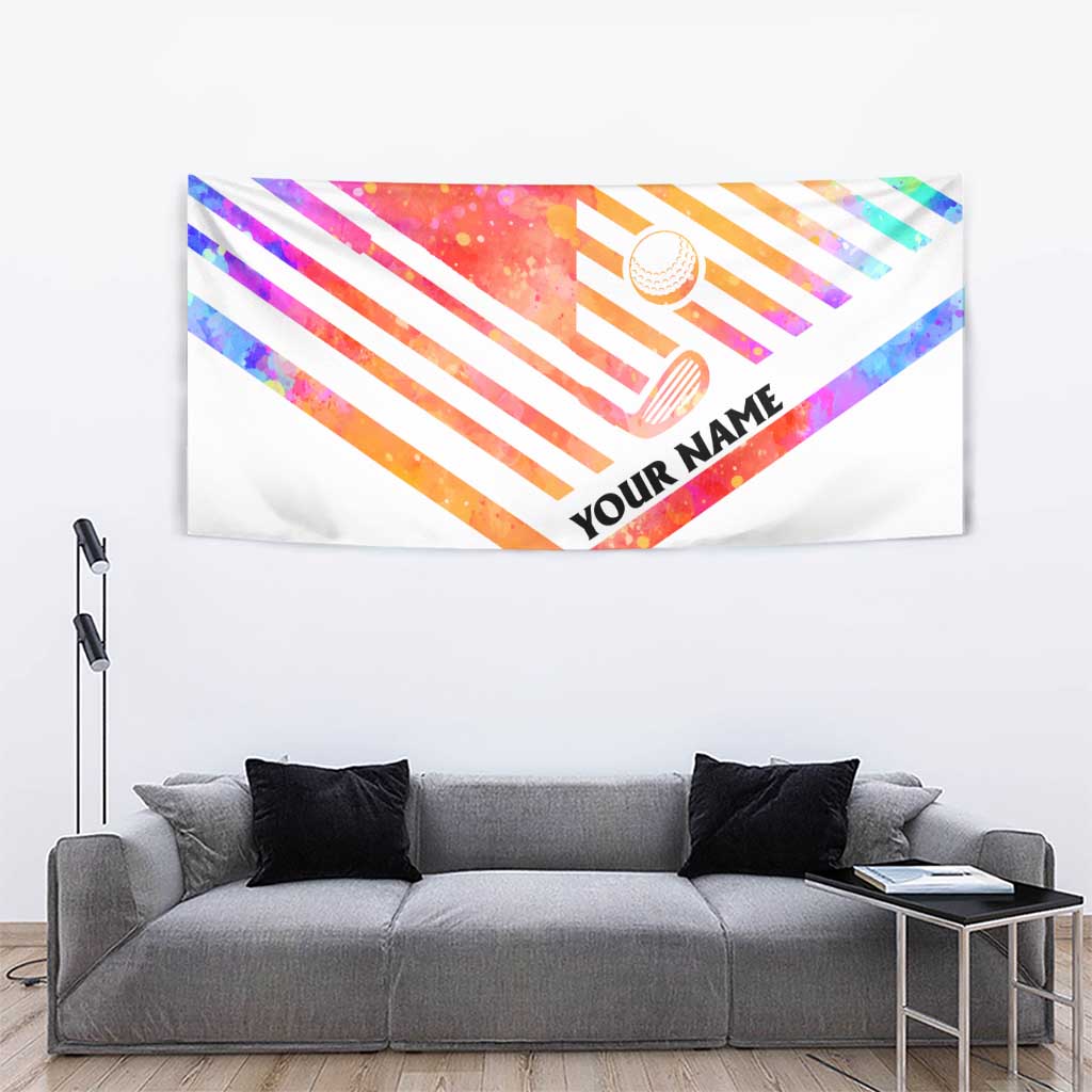 USA Golf Design Tapestry Watercolor Female Silhouette and Orange Gradient Flag and Ball Pattern - Wonder Print Shop