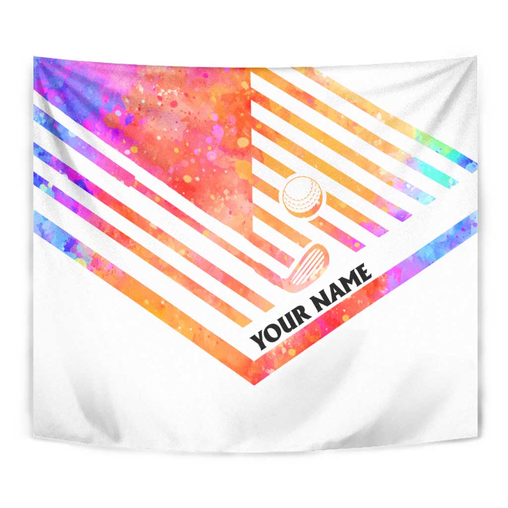 USA Golf Design Tapestry Watercolor Female Silhouette and Orange Gradient Flag and Ball Pattern - Wonder Print Shop