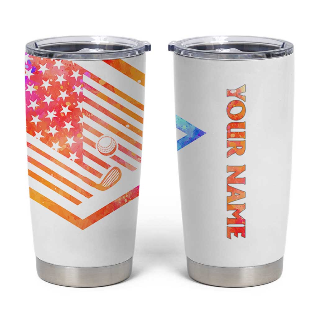 USA Golf Design Tumbler Cup Watercolor Female Silhouette and Orange Gradient Flag and Ball Pattern - Wonder Print Shop