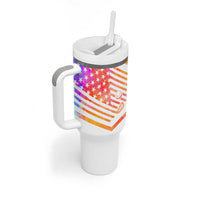 USA Golf Design Tumbler With Handle Watercolor Female Silhouette and Orange Gradient Flag and Ball Pattern - Wonder Print Shop