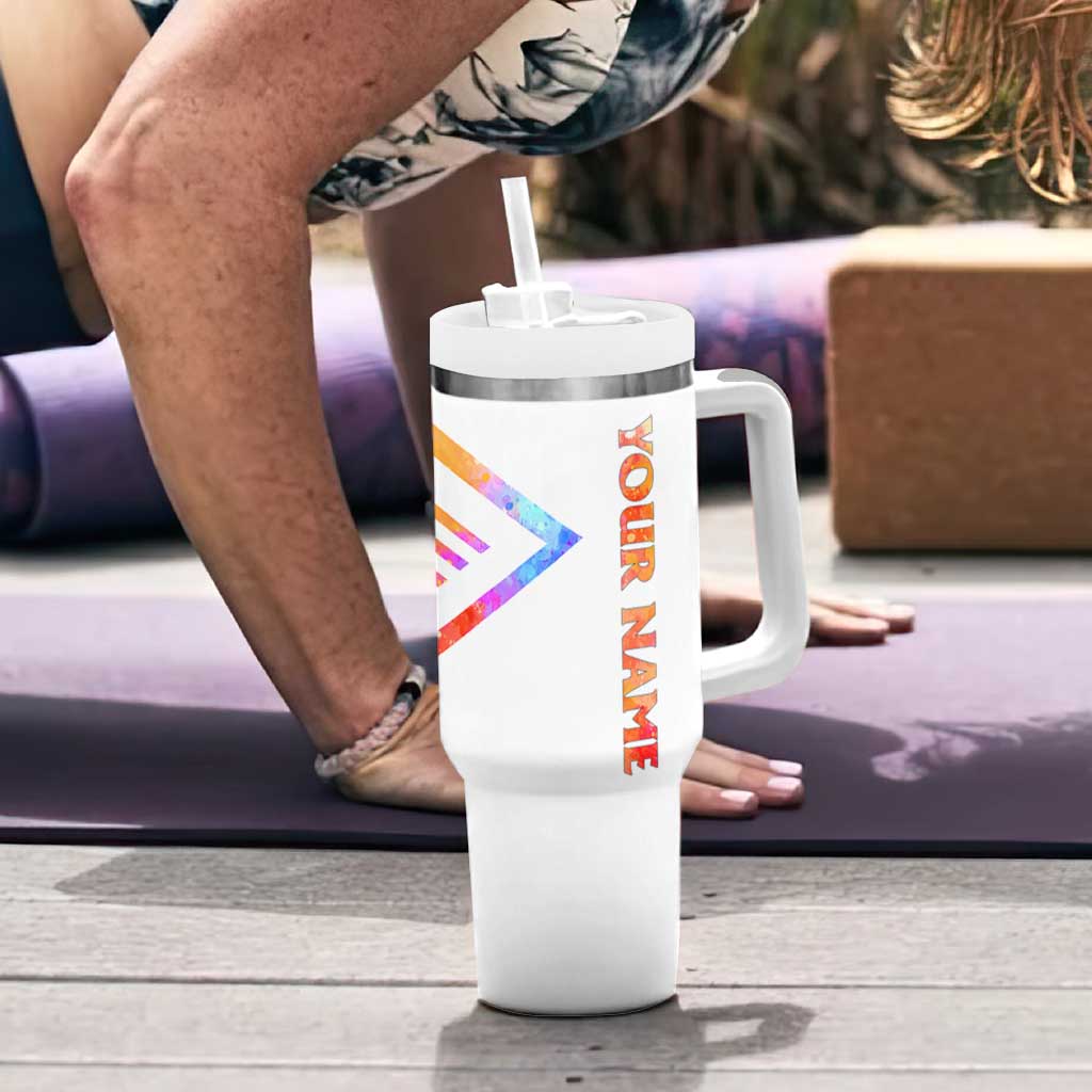 USA Golf Design Tumbler With Handle Watercolor Female Silhouette and Orange Gradient Flag and Ball Pattern - Wonder Print Shop