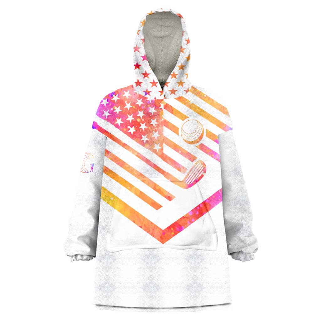USA Golf Design Wearable Blanket Hoodie Watercolor Female Silhouette and Orange Gradient Flag and Ball Pattern - Wonder Print Shop