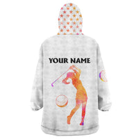 USA Golf Design Wearable Blanket Hoodie Watercolor Female Silhouette and Orange Gradient Flag and Ball Pattern - Wonder Print Shop