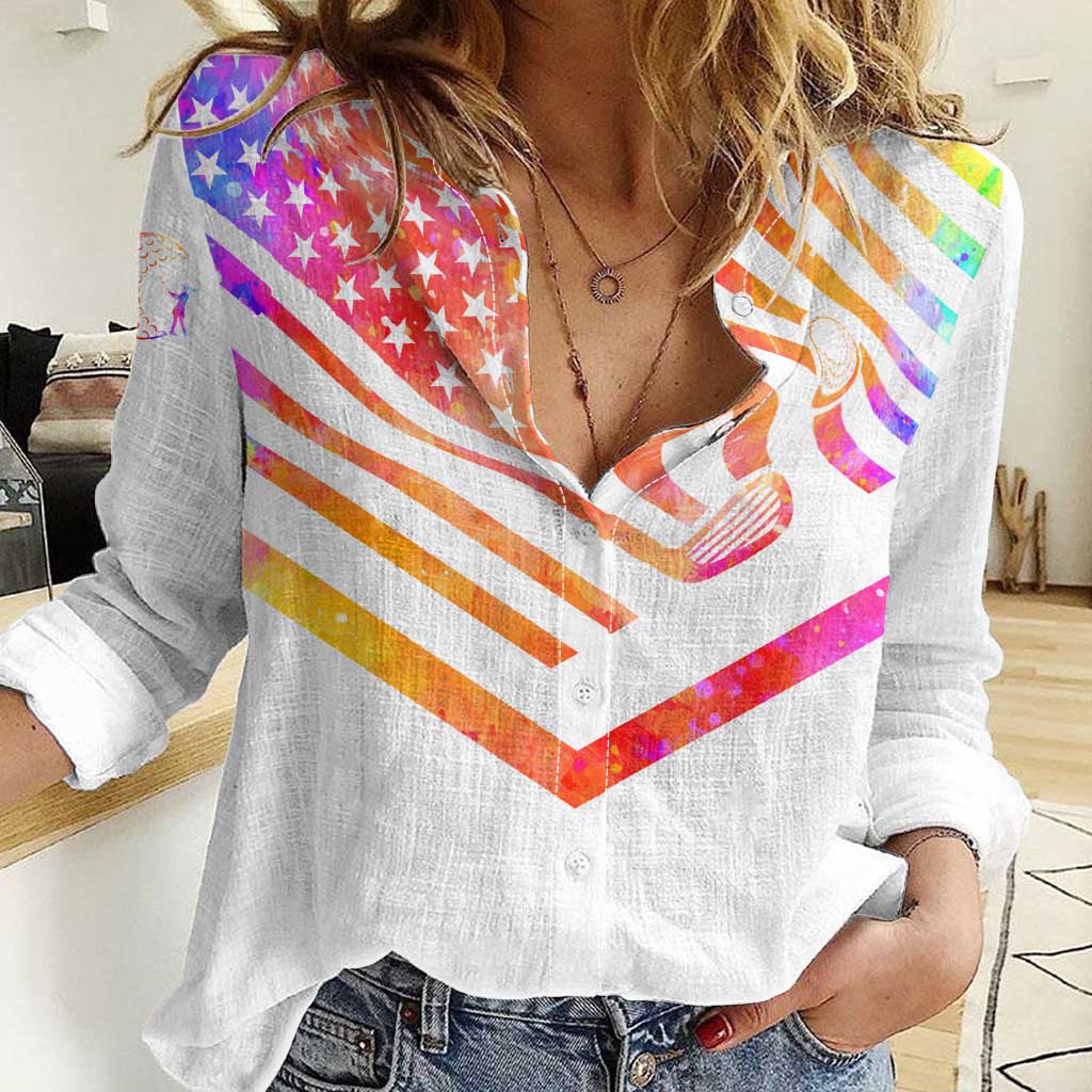USA Golf Design Women Casual Shirt Watercolor Female Silhouette and Orange Gradient Flag and Ball Pattern - Wonder Print Shop
