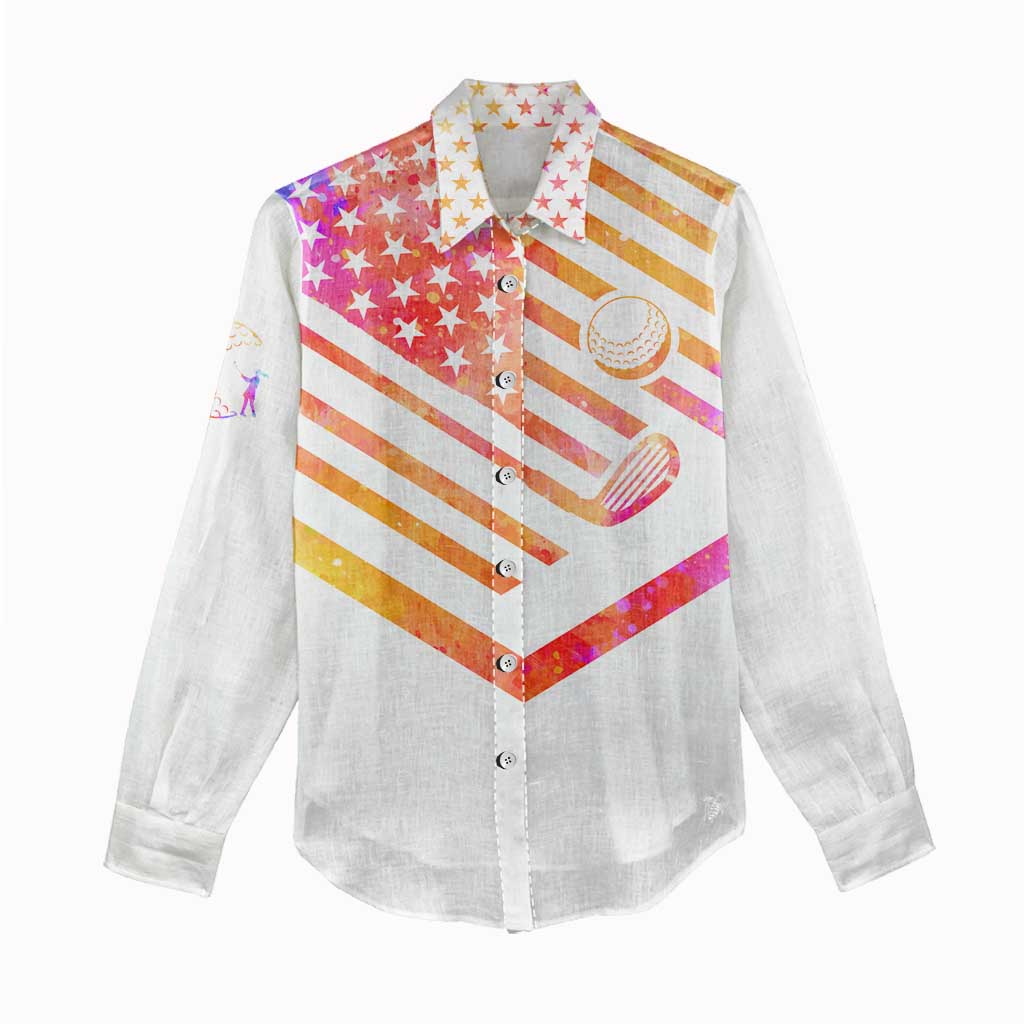 USA Golf Design Women Casual Shirt Watercolor Female Silhouette and Orange Gradient Flag and Ball Pattern - Wonder Print Shop