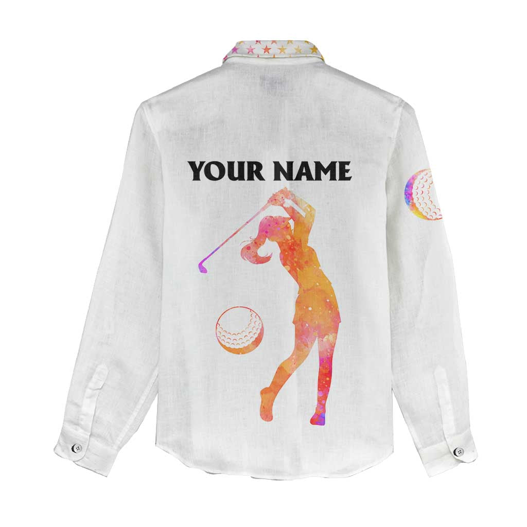 USA Golf Design Women Casual Shirt Watercolor Female Silhouette and Orange Gradient Flag and Ball Pattern - Wonder Print Shop