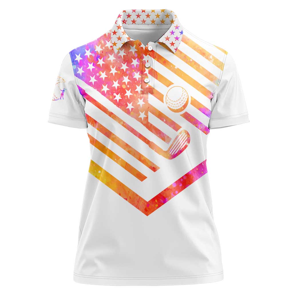 USA Golf Design Women Polo Shirt Watercolor Female Silhouette and Orange Gradient Flag and Ball Pattern - Wonder Print Shop