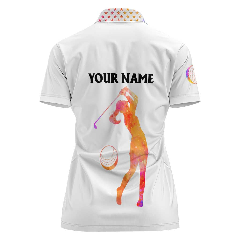 USA Golf Design Women Polo Shirt Watercolor Female Silhouette and Orange Gradient Flag and Ball Pattern - Wonder Print Shop