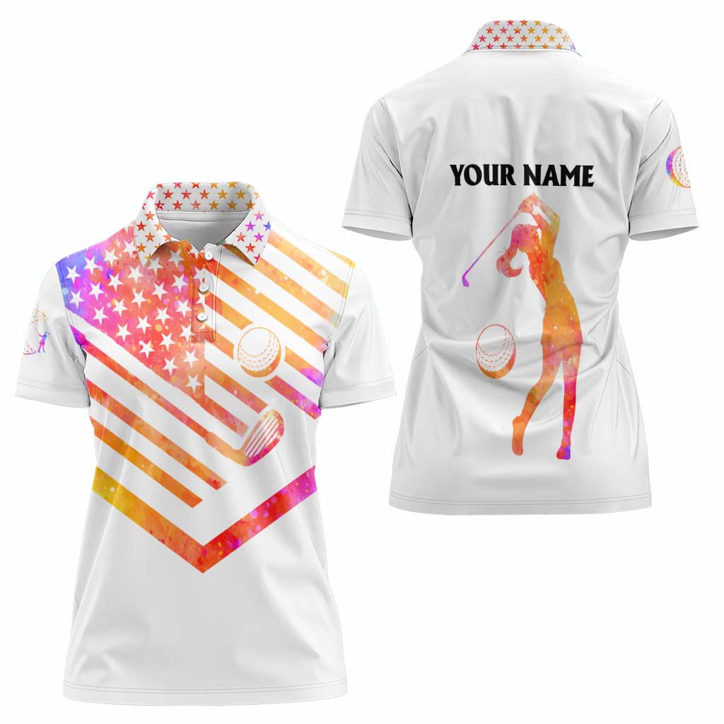 USA Golf Design Women Polo Shirt Watercolor Female Silhouette and Orange Gradient Flag and Ball Pattern - Wonder Print Shop