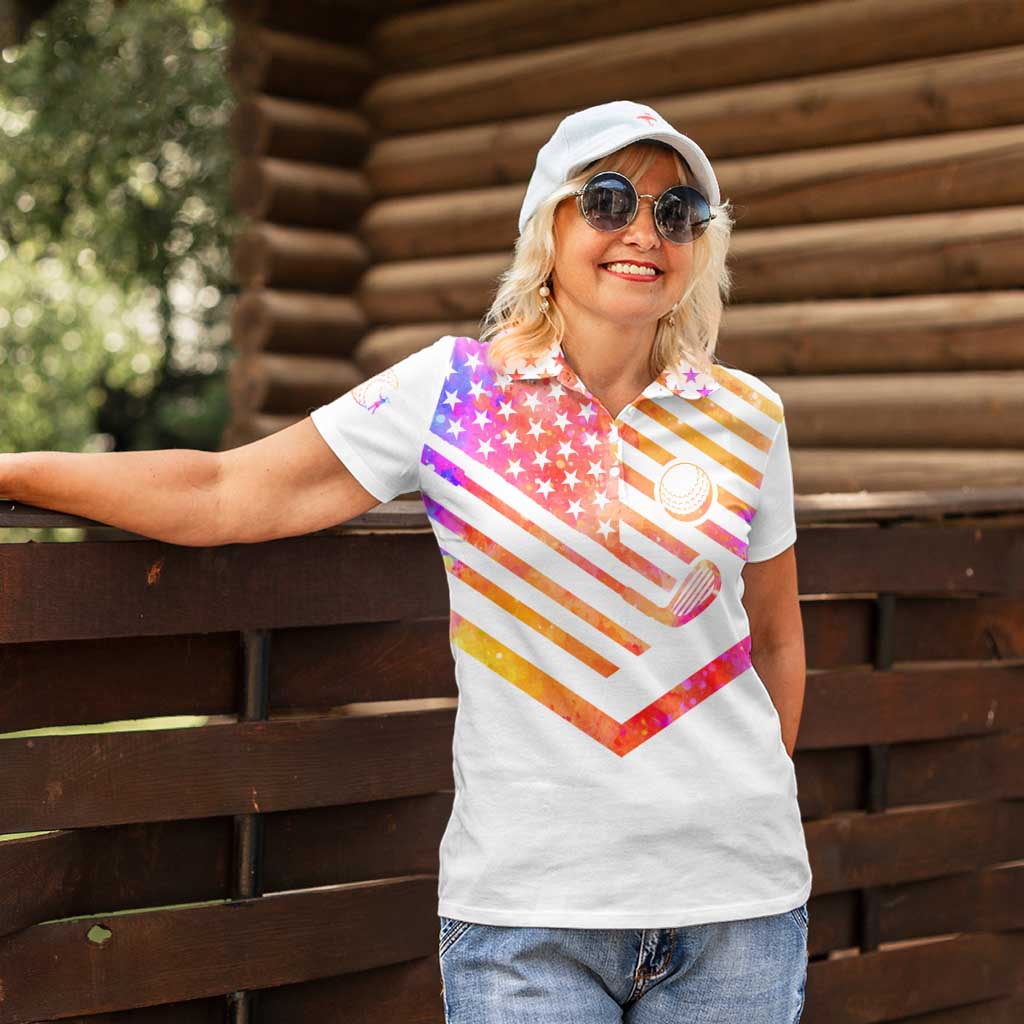 USA Golf Design Women Polo Shirt Watercolor Female Silhouette and Orange Gradient Flag and Ball Pattern - Wonder Print Shop