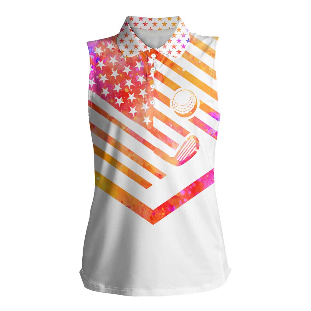 USA Golf Design Women Sleeveless Polo Shirt Watercolor Female Silhouette and Orange Gradient Flag and Ball Pattern - Wonder Print Shop