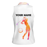USA Golf Design Women Sleeveless Polo Shirt Watercolor Female Silhouette and Orange Gradient Flag and Ball Pattern - Wonder Print Shop