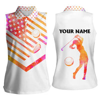 USA Golf Design Women Sleeveless Polo Shirt Watercolor Female Silhouette and Orange Gradient Flag and Ball Pattern - Wonder Print Shop