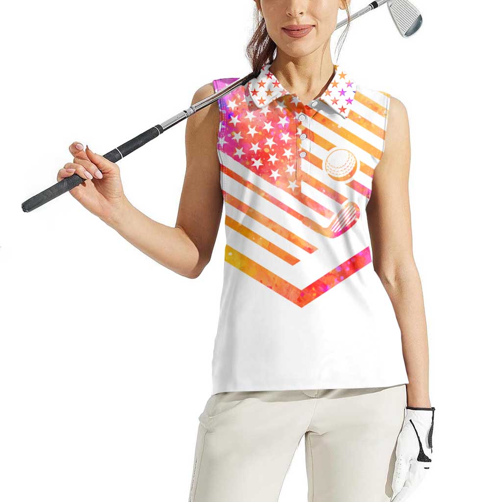 USA Golf Design Women Sleeveless Polo Shirt Watercolor Female Silhouette and Orange Gradient Flag and Ball Pattern - Wonder Print Shop