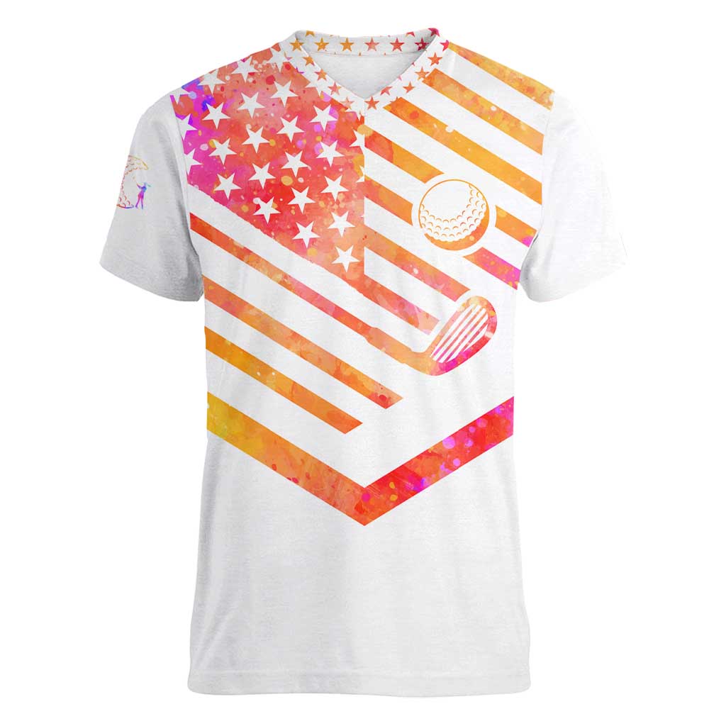 USA Golf Design Women V-Neck T-Shirt Watercolor Female Silhouette and Orange Gradient Flag and Ball Pattern - Wonder Print Shop