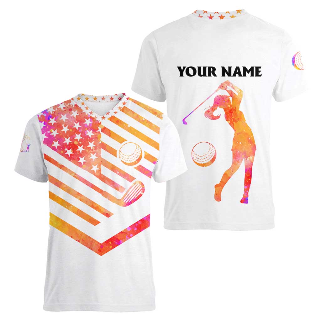 USA Golf Design Women V-Neck T-Shirt Watercolor Female Silhouette and Orange Gradient Flag and Ball Pattern - Wonder Print Shop