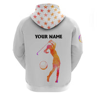 USA Golf Design Zip Hoodie Watercolor Female Silhouette and Orange Gradient Flag and Ball Pattern - Wonder Print Shop