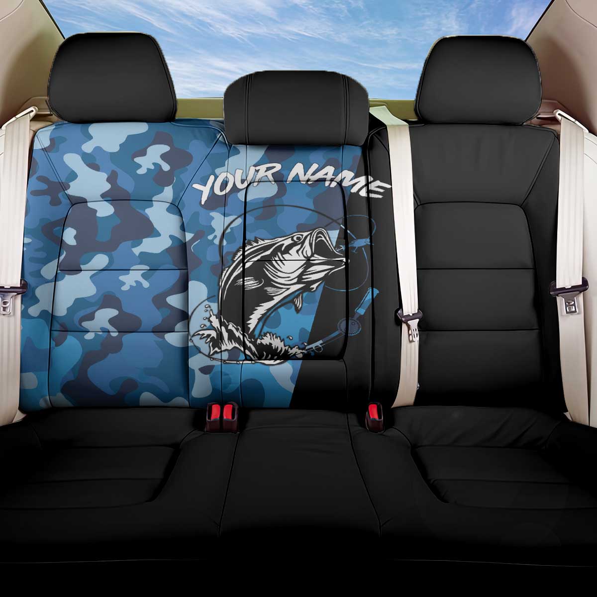 Custom Blue Camo Bass Fishing Back Car Seat Cover Fishing Rod Graphic Design - Wonder Print Shop
