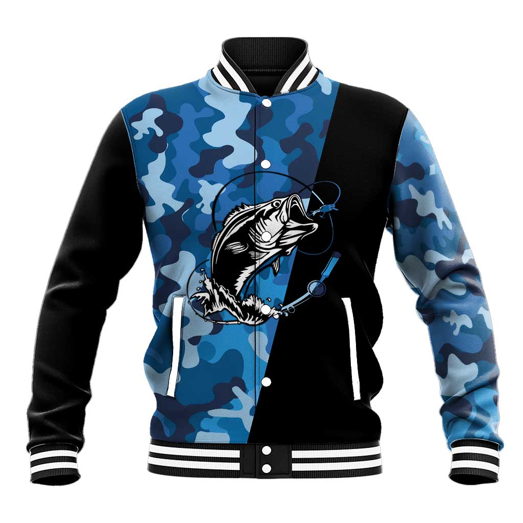 Custom Blue Camo Bass Fishing Baseball Jacket Fishing Rod Graphic Design - Wonder Print Shop