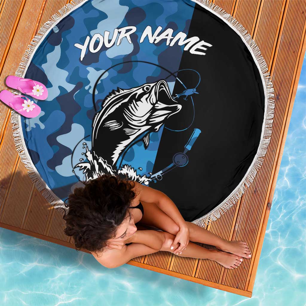 Custom Blue Camo Bass Fishing Beach Blanket Fishing Rod Graphic Design - Wonder Print Shop