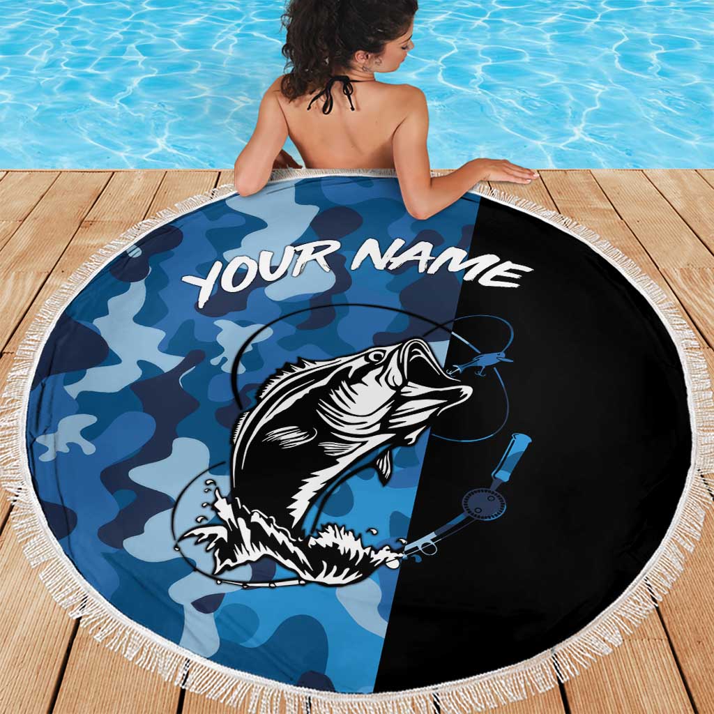 Custom Blue Camo Bass Fishing Beach Blanket Fishing Rod Graphic Design - Wonder Print Shop